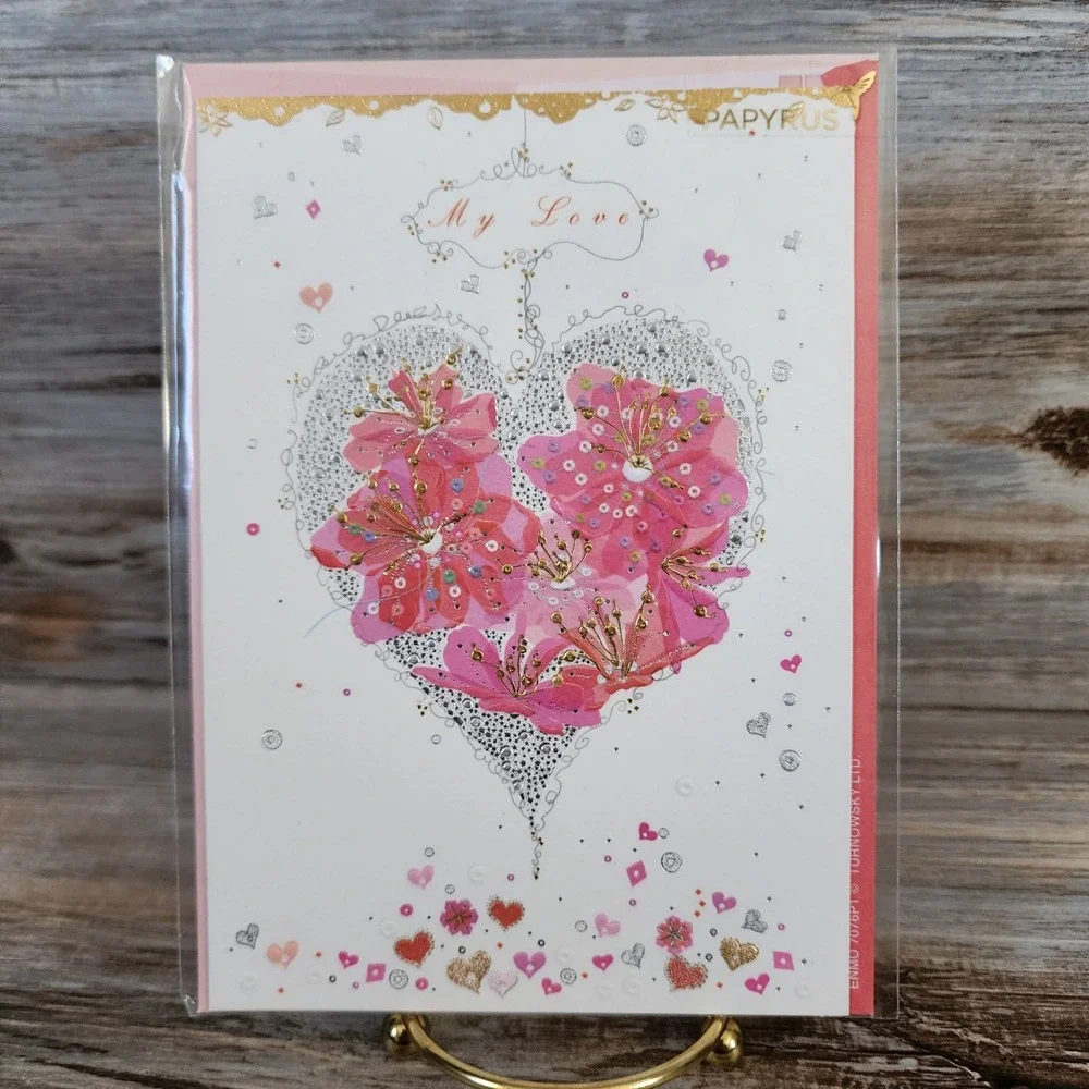 Papyrus My Love Greeting Card Turnowsky Pink Floral Heart Glitter Gold Foil New